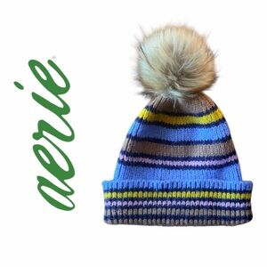 Aerie American Eagle Blue Striped Knit Beanie Faux Fur Pom Cozy Hat Wool Blend